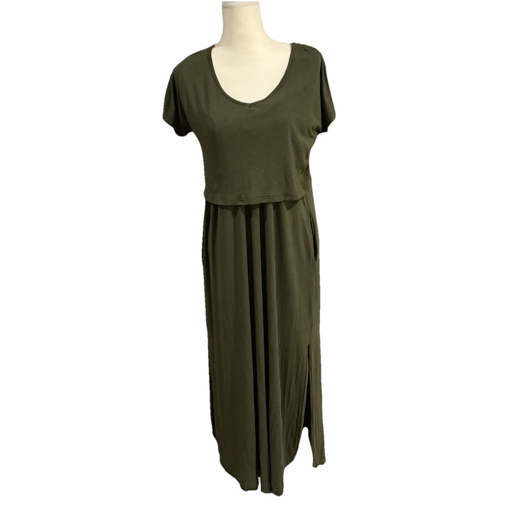 VTG Womens Short Sleeve Soft Knit Olive Maxi Dress Apron Top Side Slit Pockets L